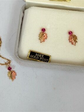 Black Hills Gold & Ruby Two Toned Leaf Necklace & Earrings 14 KT